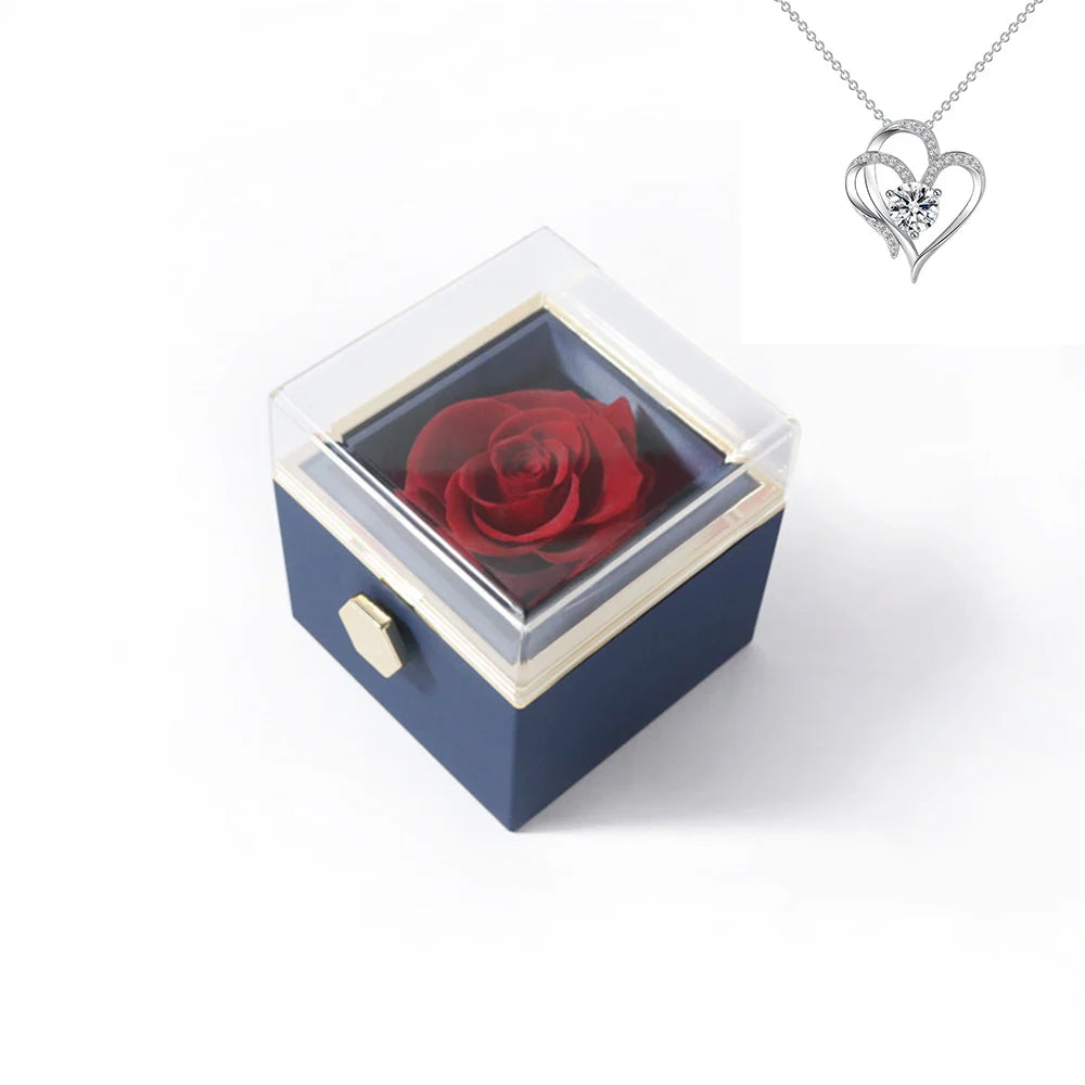 Rotating Rose Gift Box Acrylic Ring Necklace Preserved Flower Jewelry Box