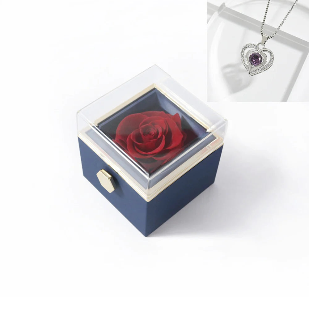 Rotating Rose Gift Box Acrylic Ring Necklace Preserved Flower Jewelry Box