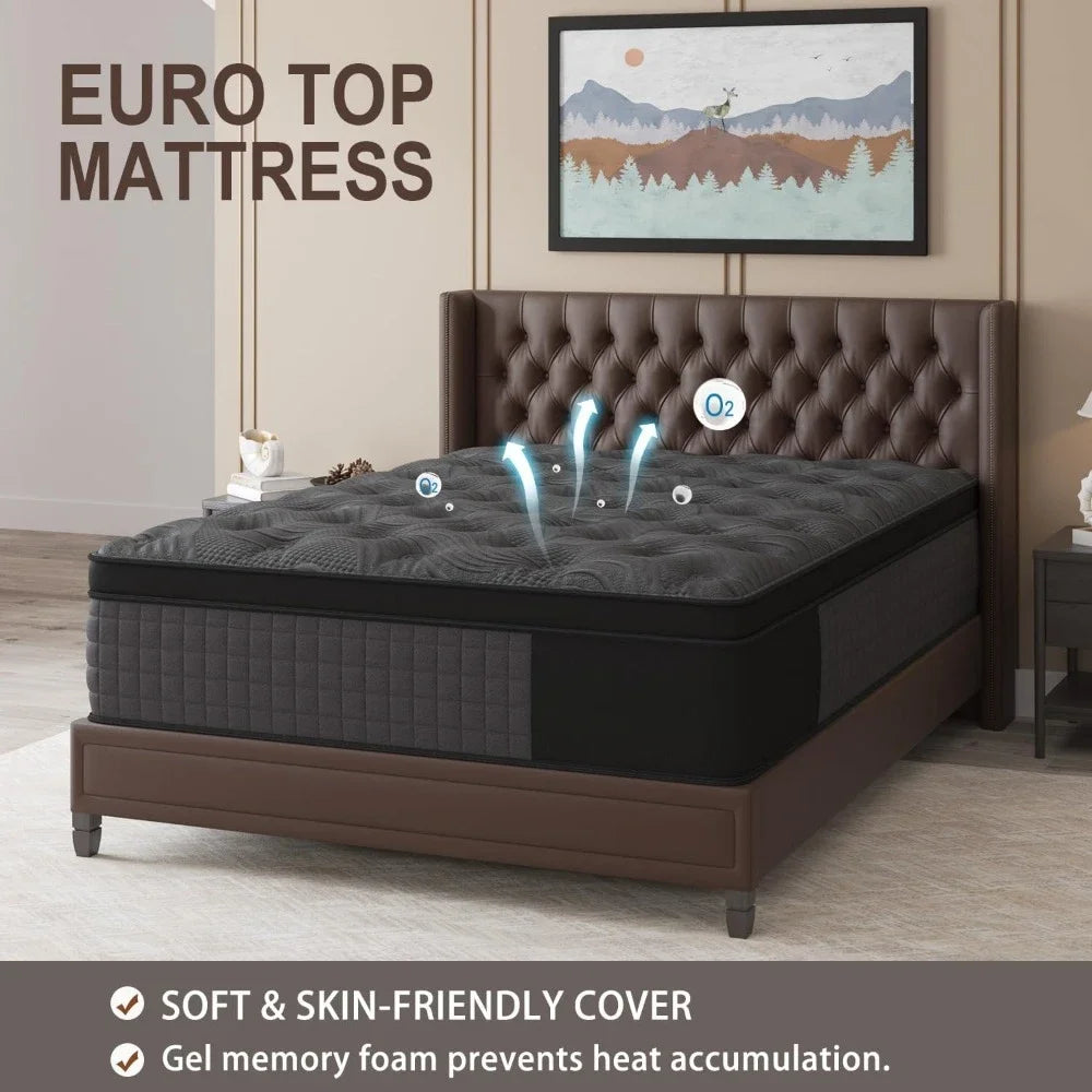 Queen Mattress, 14 Inch Hybrid Mattress Black with Gel Memory