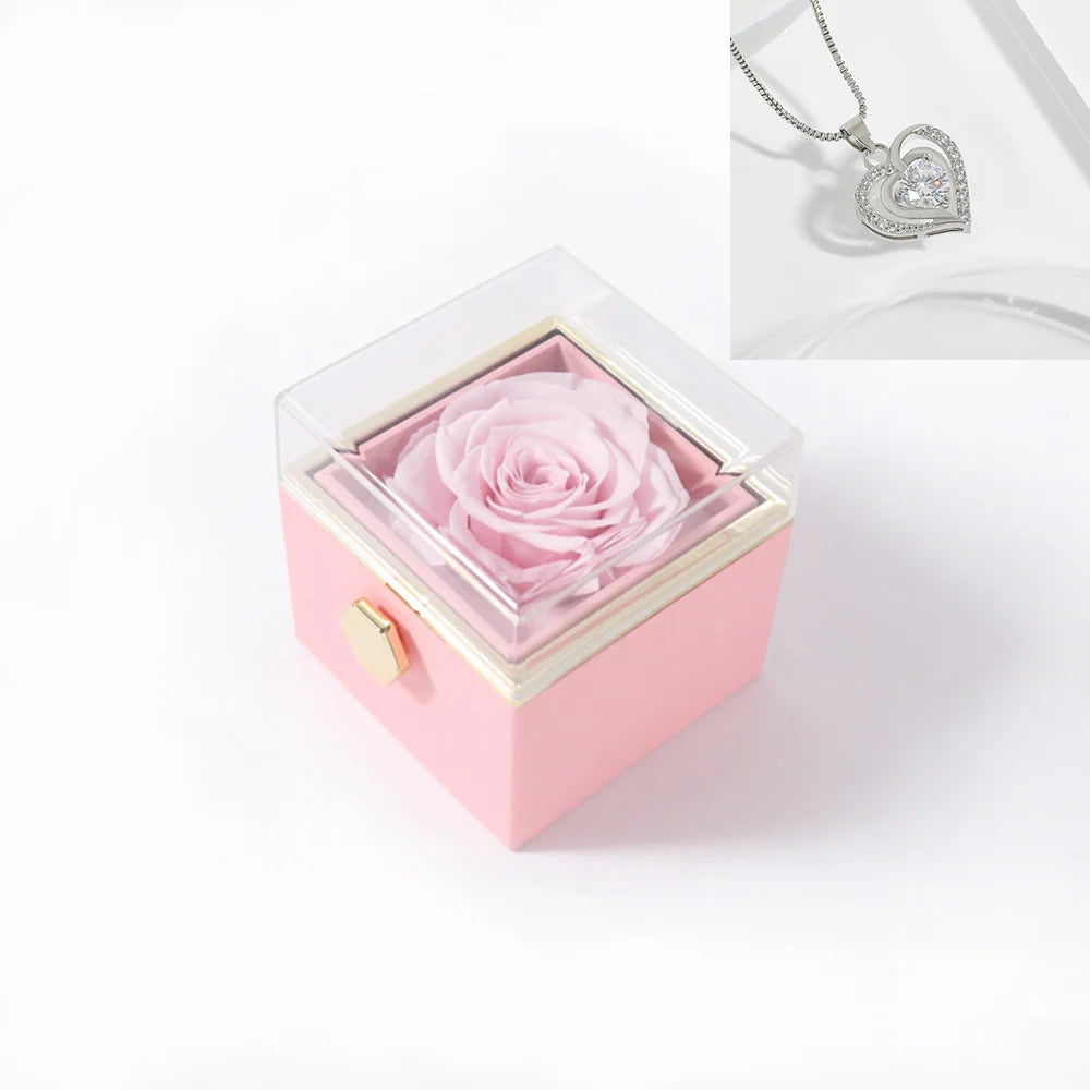 Rotating Rose Gift Box Acrylic Ring Necklace Preserved Flower Jewelry Box