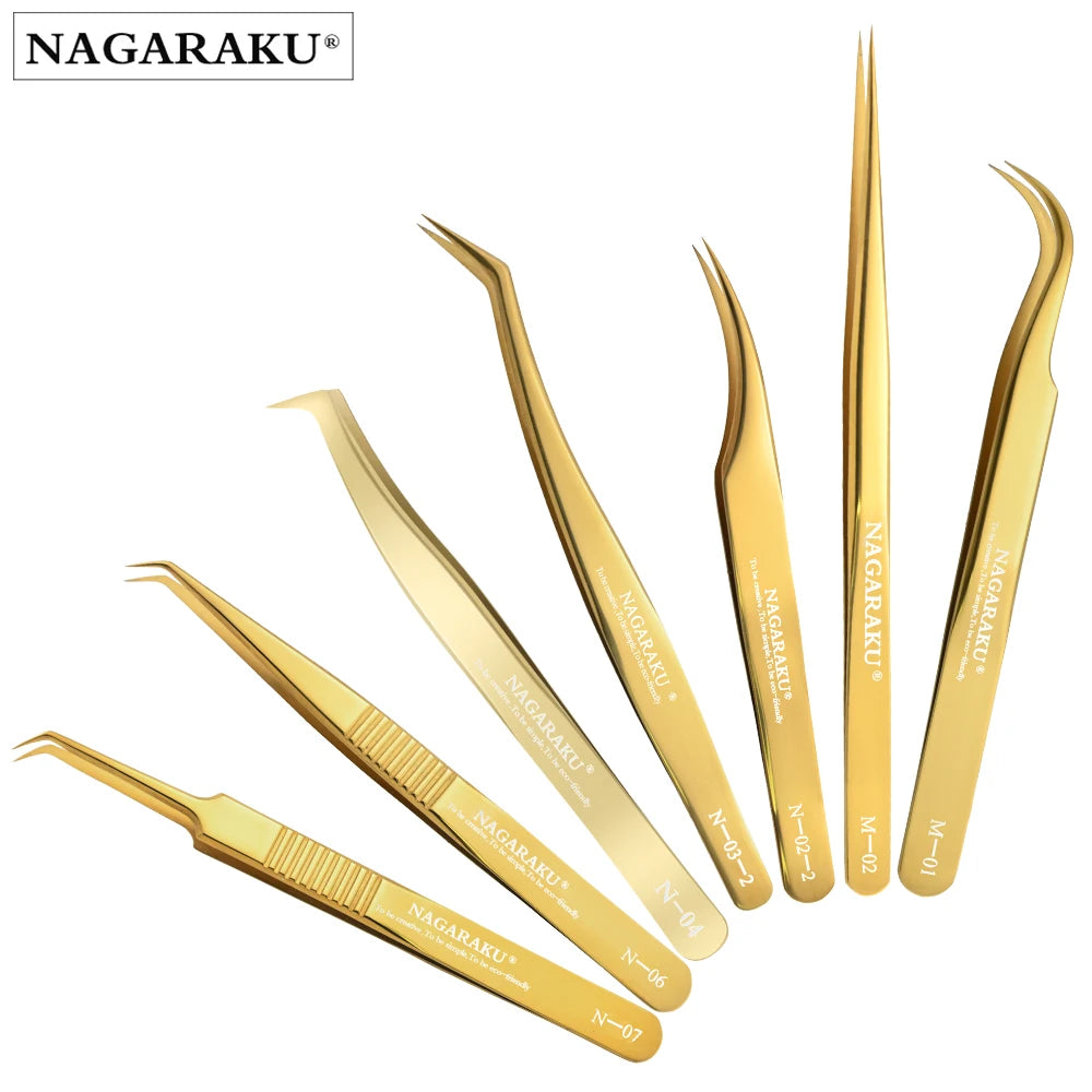 NAGARAKU Eyelash Extension Tweezers Makeup Tools Stainless Steel Golden Style