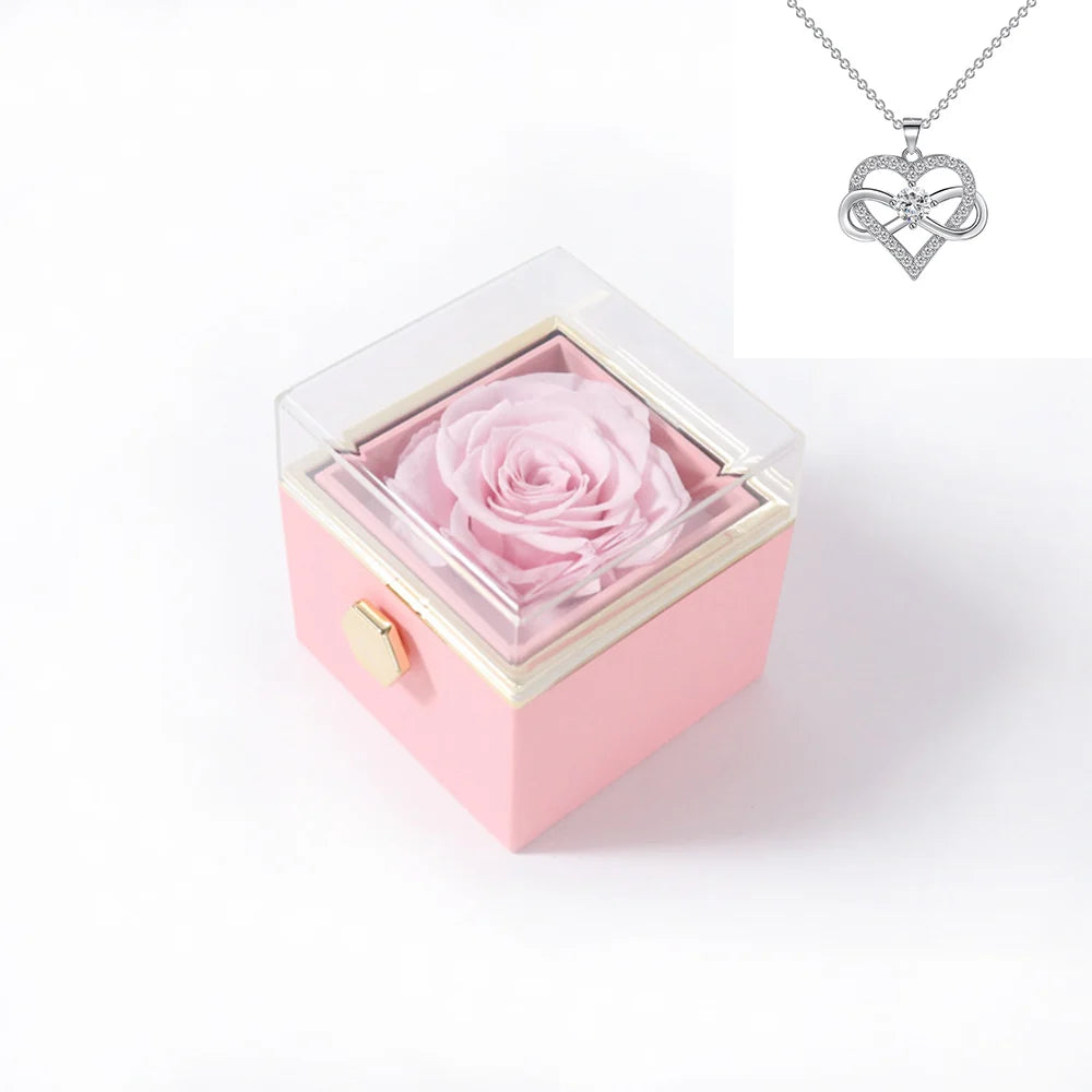 Rotating Rose Gift Box Acrylic Ring Necklace Preserved Flower Jewelry Box