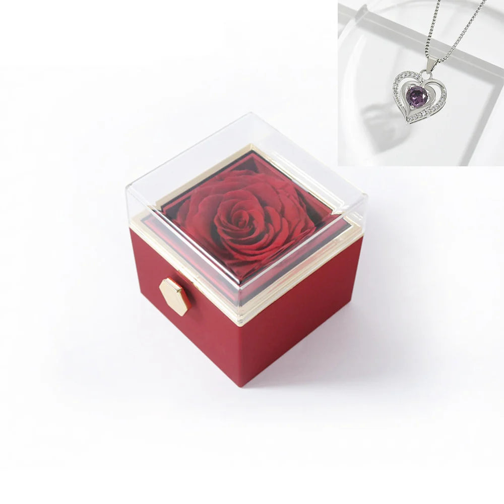 Rotating Rose Gift Box Acrylic Ring Necklace Preserved Flower Jewelry Box