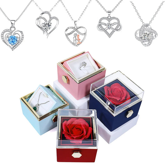 Rotating Rose Gift Box Acrylic Ring Necklace Preserved Flower Jewelry Box