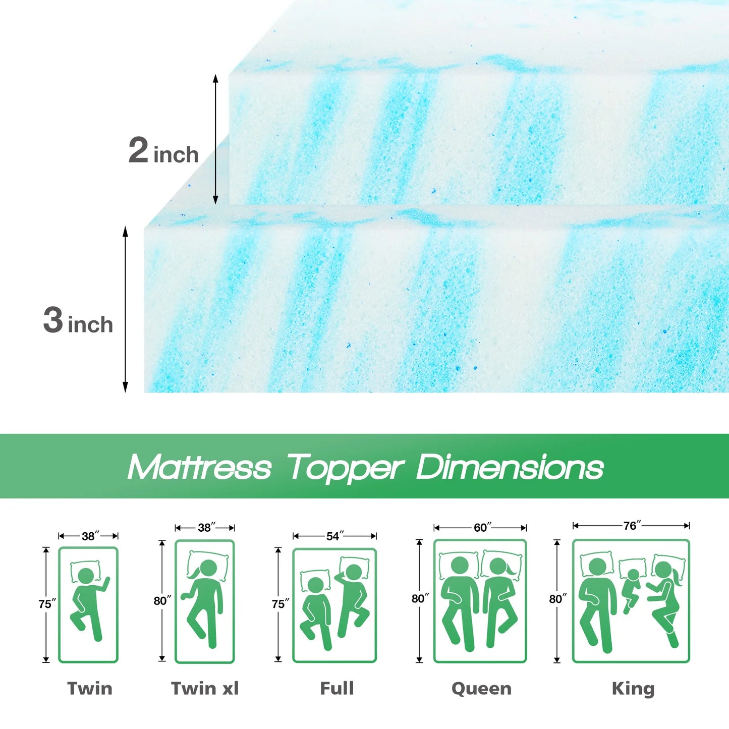 JHK 2-3 Inch Gel Memory Foam Mattress Topper