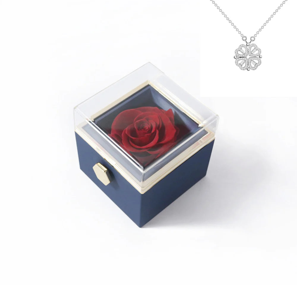 Rotating Rose Gift Box Acrylic Ring Necklace Preserved Flower Jewelry Box