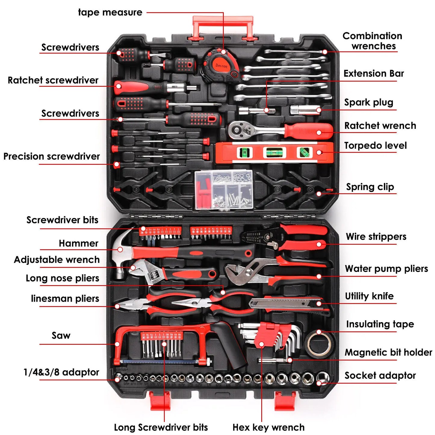 198 Piece Tool Box, Hand Tool Set, Ratchet Socket Tool Set, Screwdriver Set