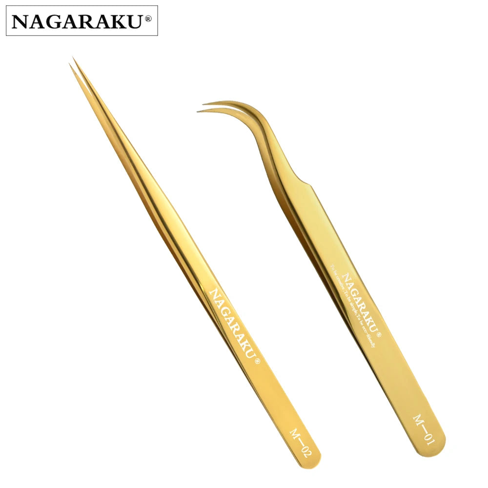 NAGARAKU Eyelash Extension Tweezers Makeup Tools Stainless Steel Golden Style