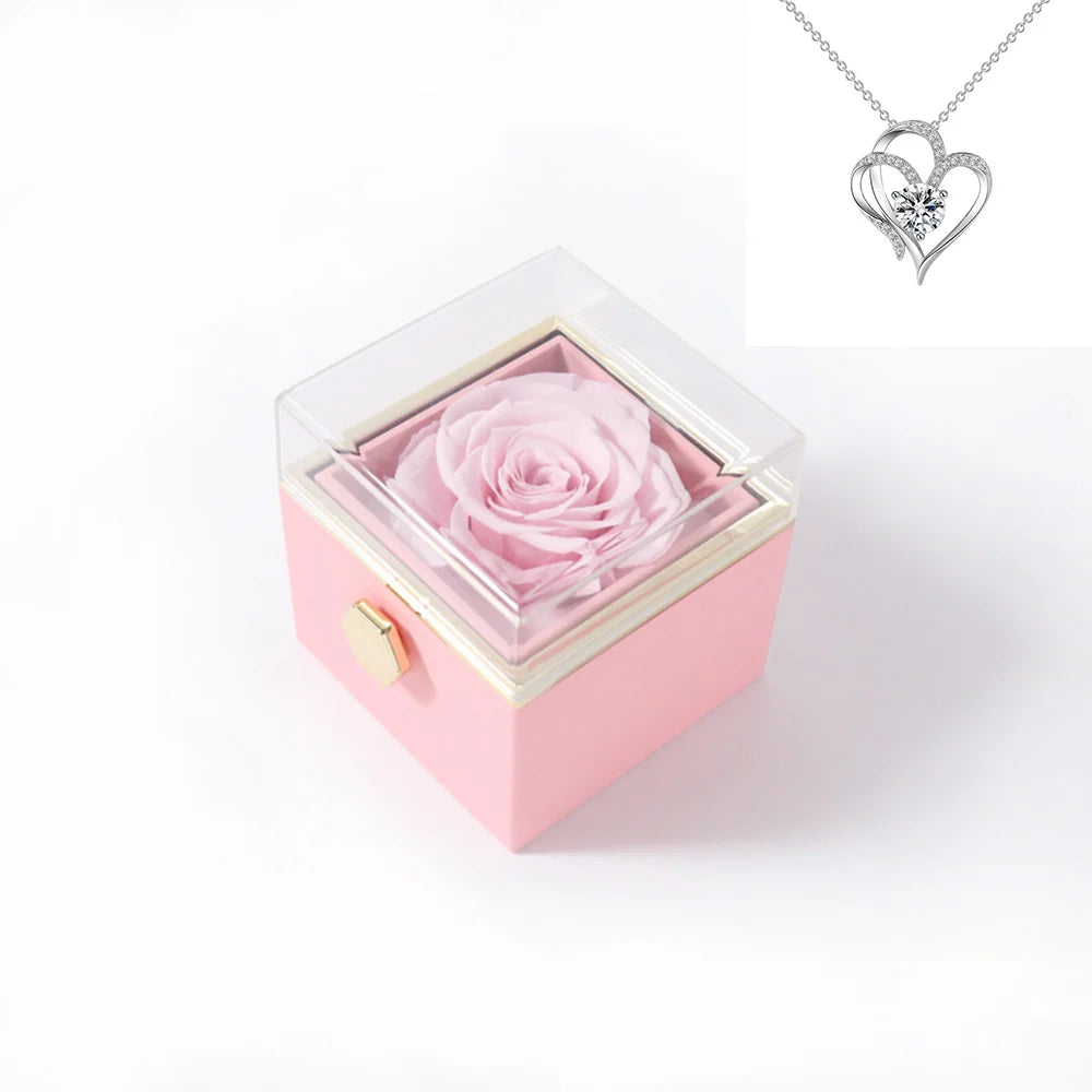 Rotating Rose Gift Box Acrylic Ring Necklace Preserved Flower Jewelry Box