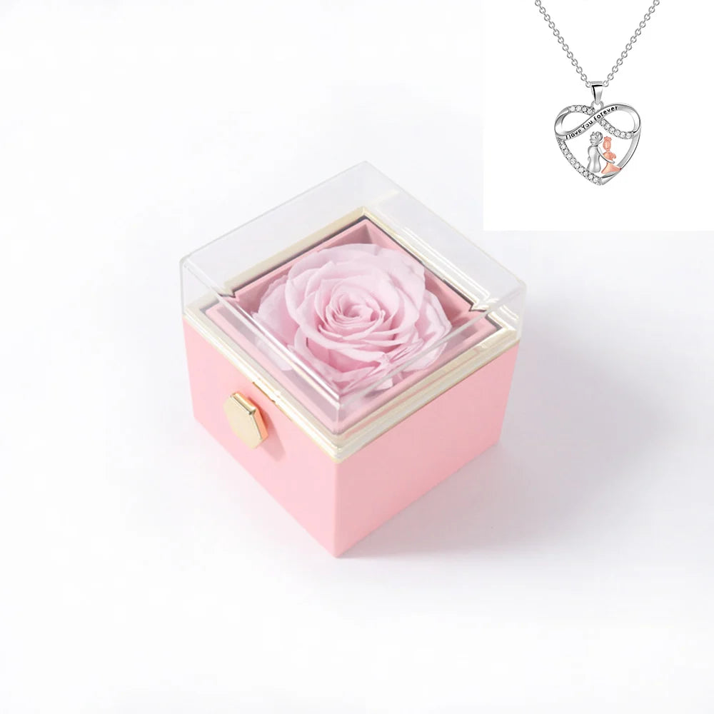 Rotating Rose Gift Box Acrylic Ring Necklace Preserved Flower Jewelry Box