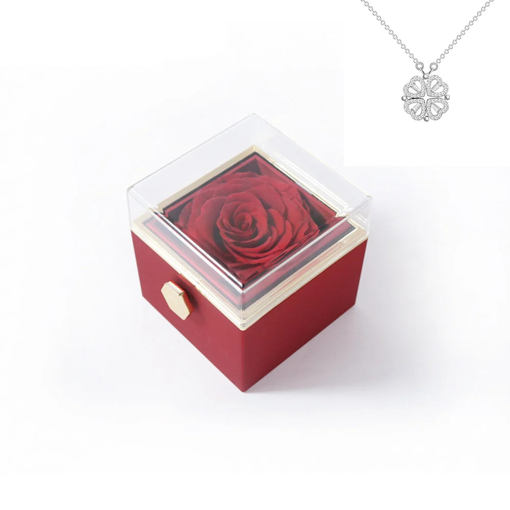 Rotating Rose Gift Box Acrylic Ring Necklace Preserved Flower Jewelry Box