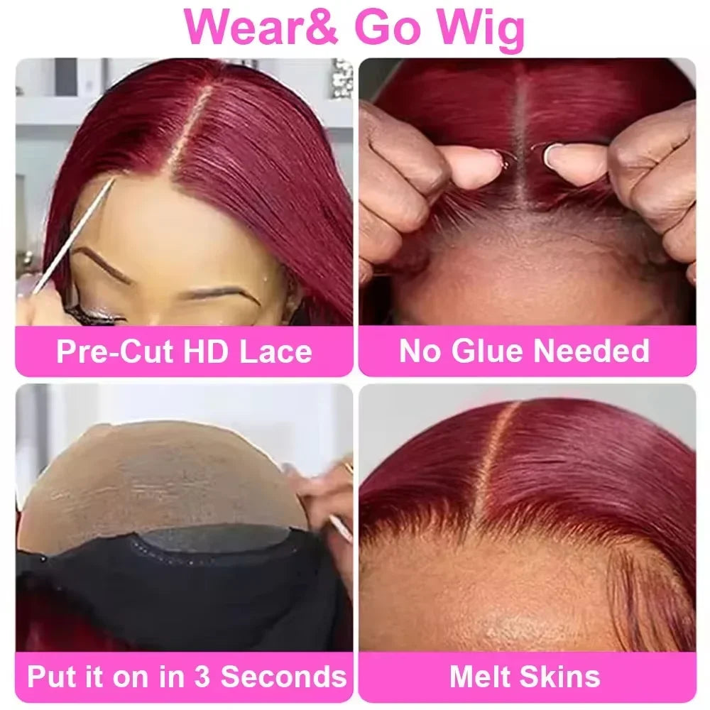 7x5 Glueless Wig Human Hair 99J Burgundy 13x4 Bob Straight