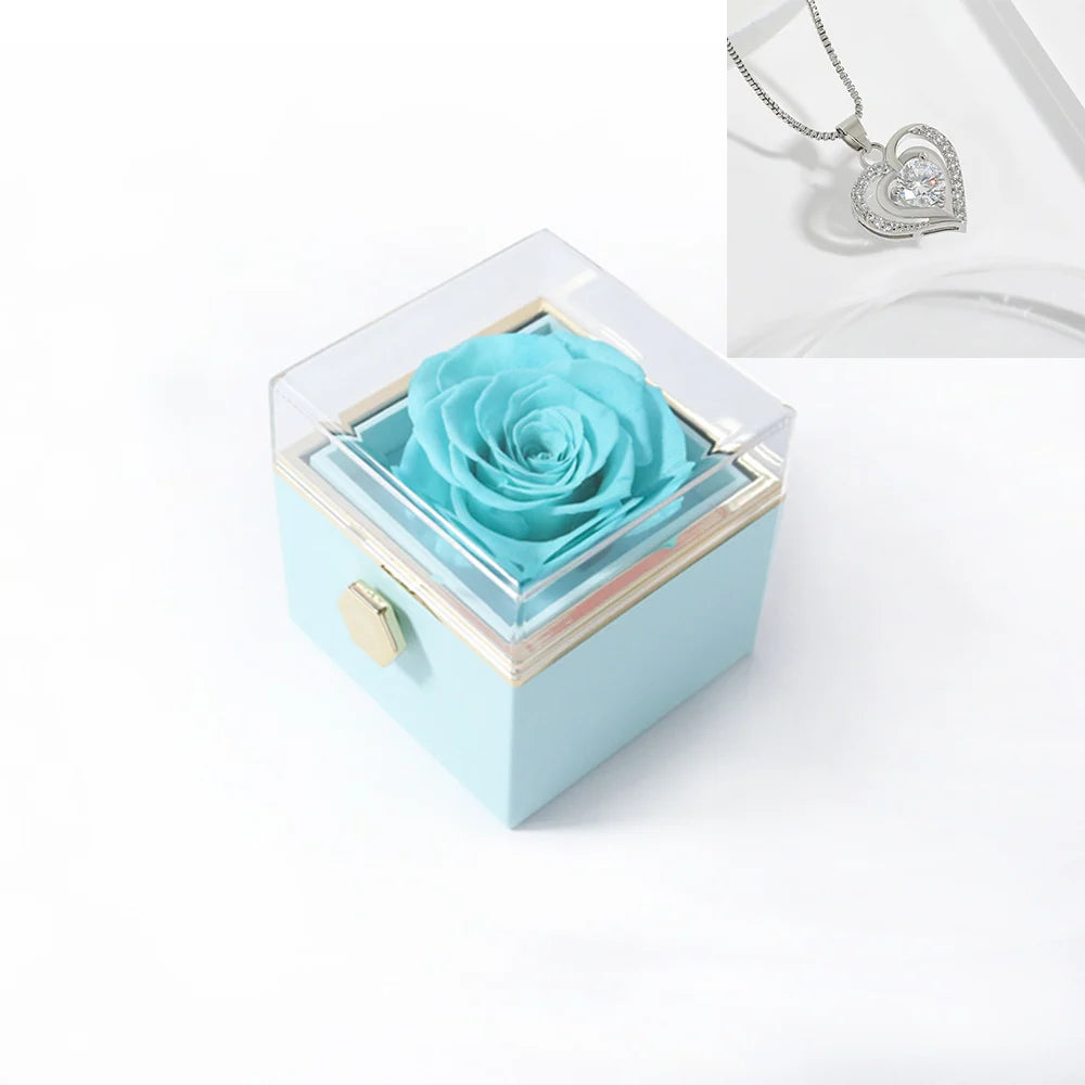 Rotating Rose Gift Box Acrylic Ring Necklace Preserved Flower Jewelry Box