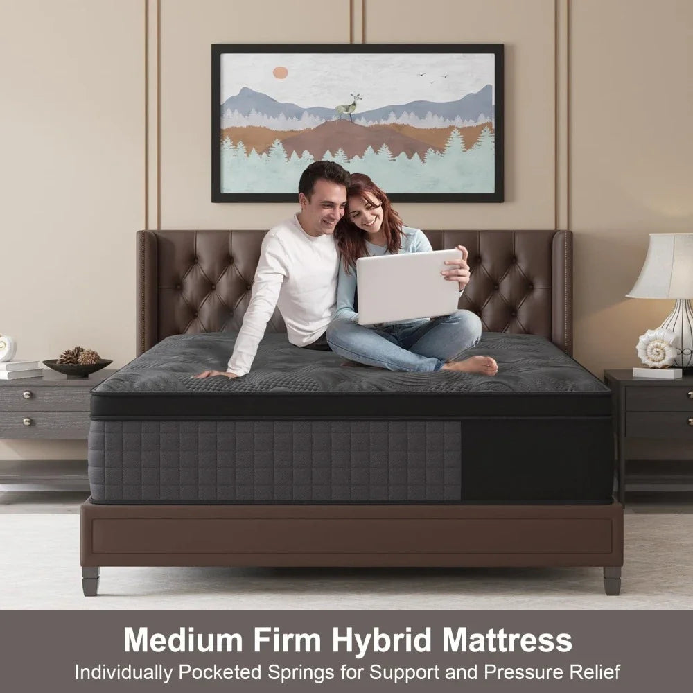 Queen Mattress, 14 Inch Hybrid Mattress Black with Gel Memory