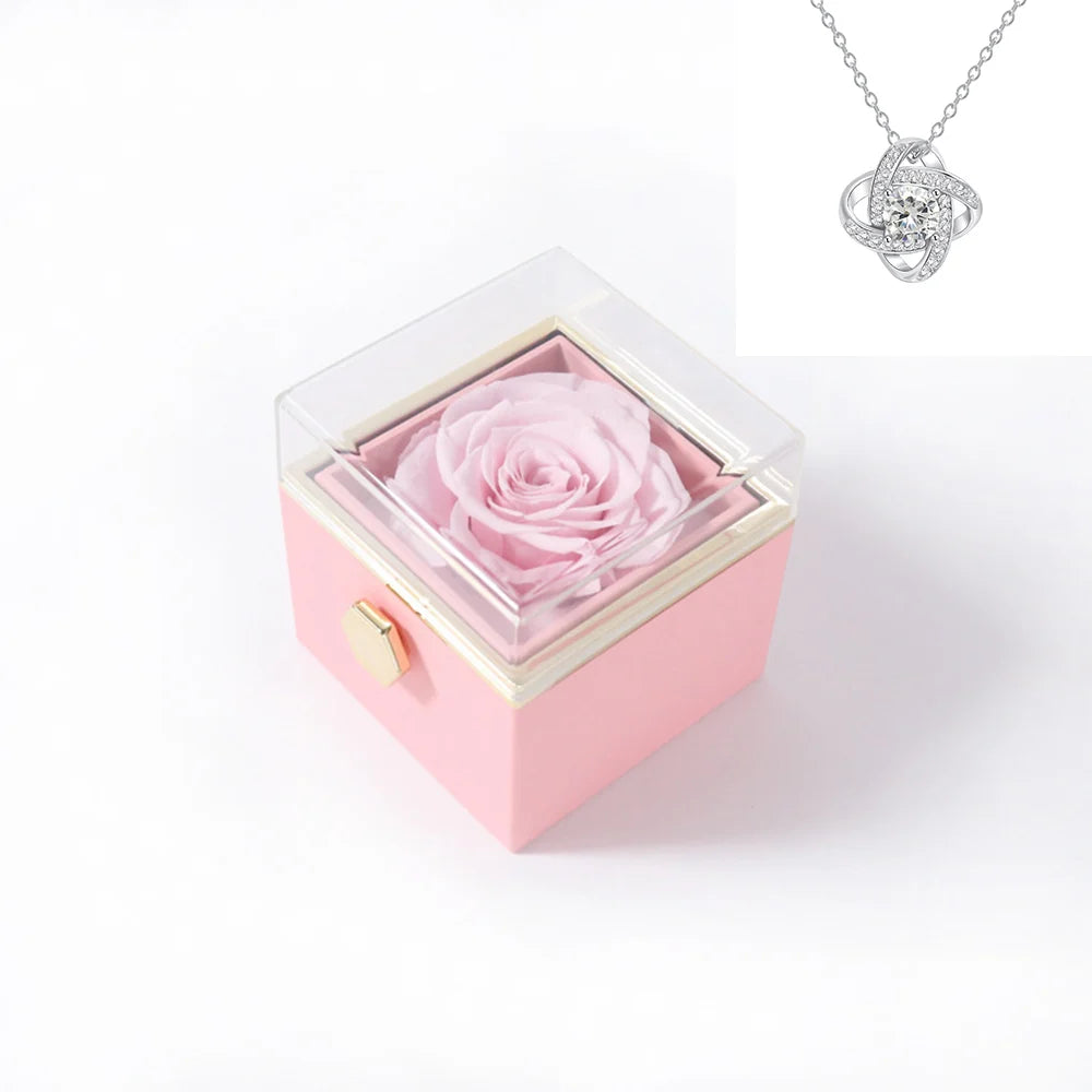 Rotating Rose Gift Box Acrylic Ring Necklace Preserved Flower Jewelry Box