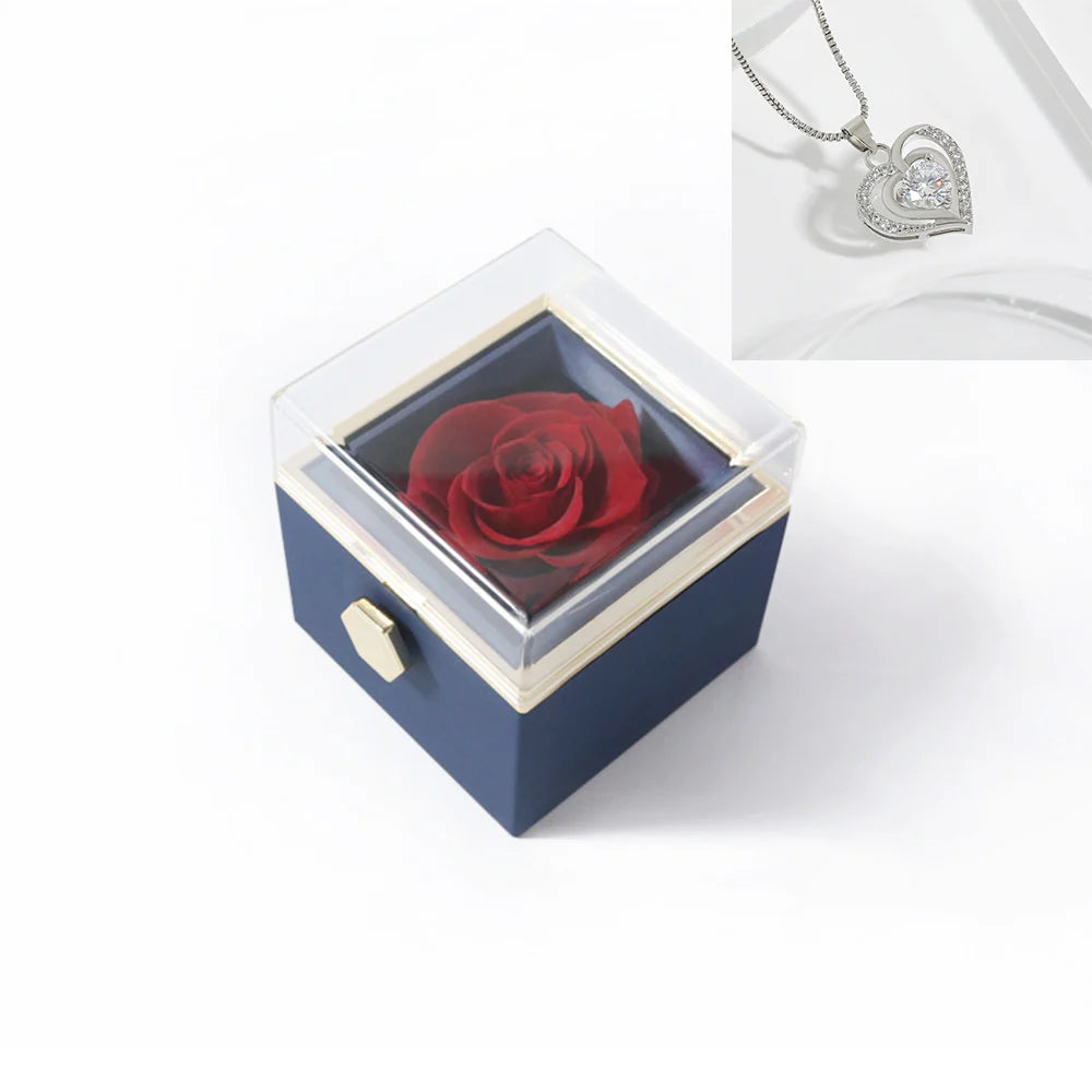 Rotating Rose Gift Box Acrylic Ring Necklace Preserved Flower Jewelry Box