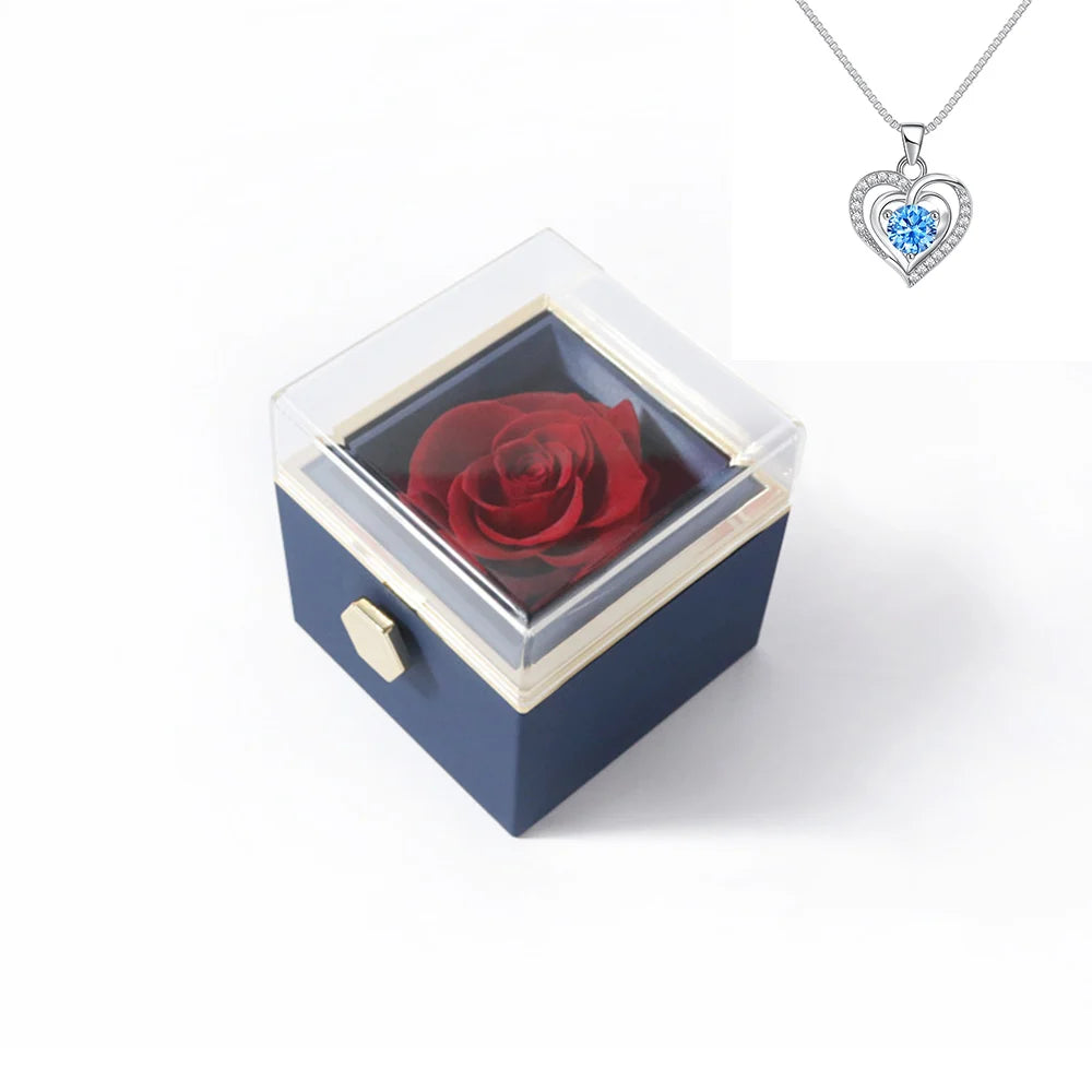 Rotating Rose Gift Box Acrylic Ring Necklace Preserved Flower Jewelry Box