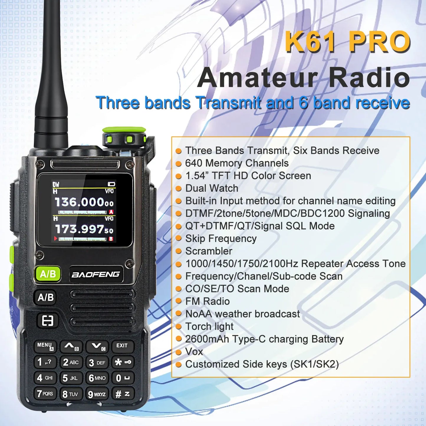 K61PRO Baofeng Air Band Walkie Talkie 65-600MHz