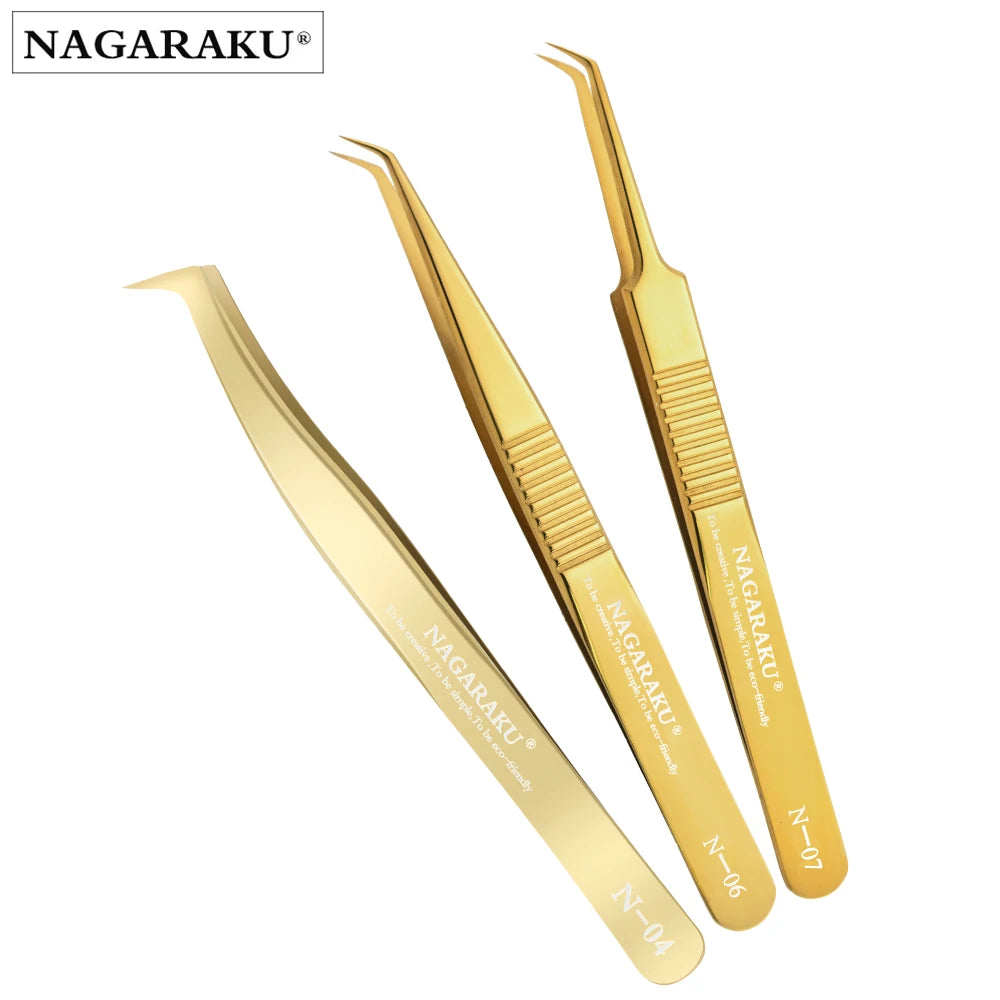 NAGARAKU Eyelash Extension Tweezers Makeup Tools Stainless Steel Golden Style