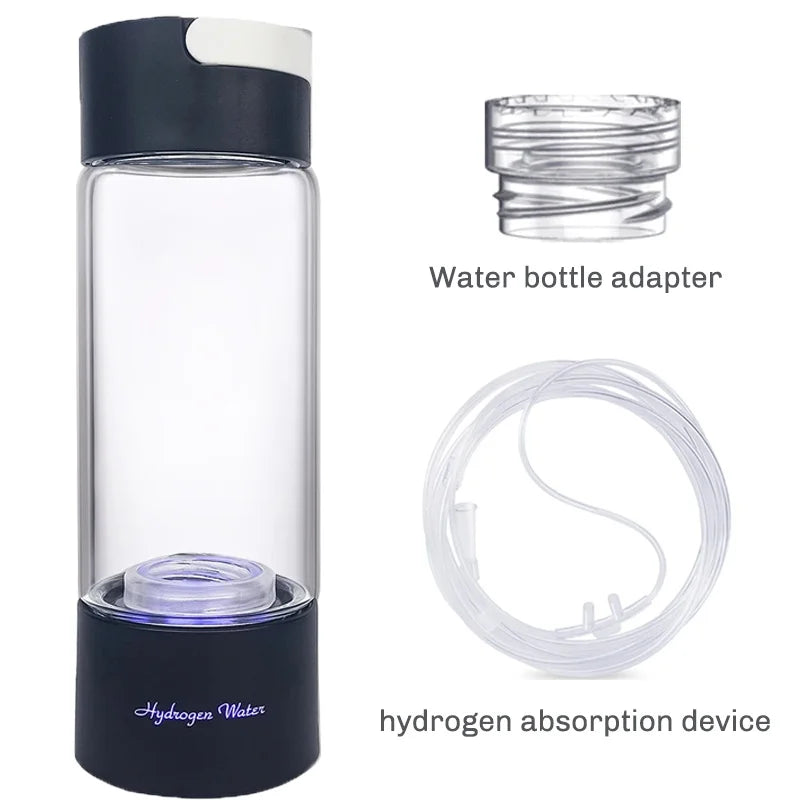 380ML Portable Hydrogen Rich Water Generator Bottle Glass Cup body SPE/PEM Dual Chamber Maker lonizer - H2 Inhalation device