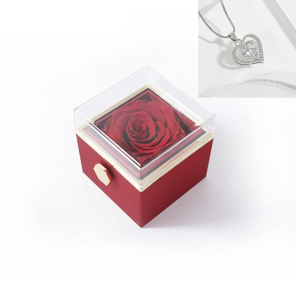 Rotating Rose Gift Box Acrylic Ring Necklace Preserved Flower Jewelry Box