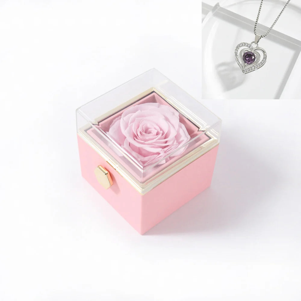 Rotating Rose Gift Box Acrylic Ring Necklace Preserved Flower Jewelry Box