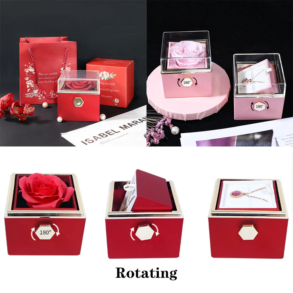 Rotating Rose Gift Box Acrylic Ring Necklace Preserved Flower Jewelry Box