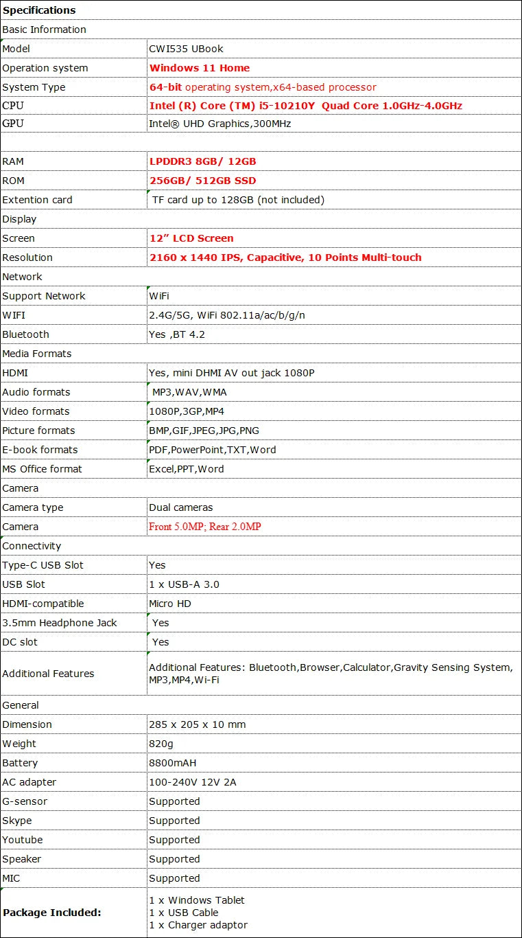 12” UBook LPDDR3 12GB RAM  512GB ROM Windows