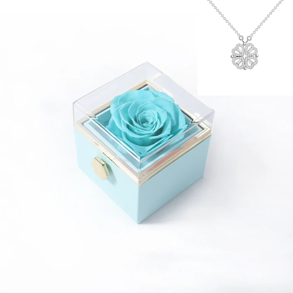 Rotating Rose Gift Box Acrylic Ring Necklace Preserved Flower Jewelry Box