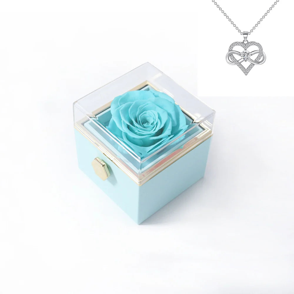 Rotating Rose Gift Box Acrylic Ring Necklace Preserved Flower Jewelry Box