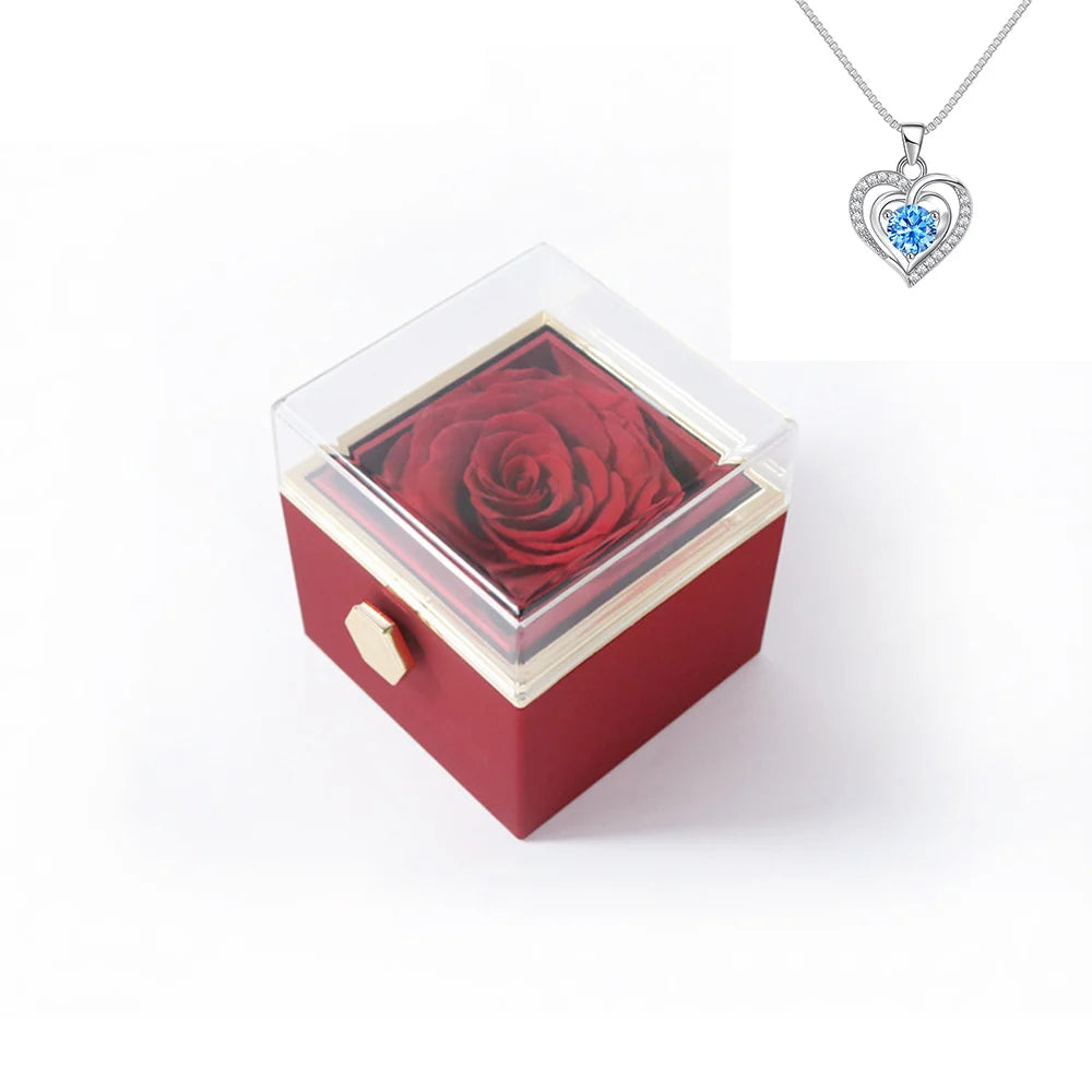 Rotating Rose Gift Box Acrylic Ring Necklace Preserved Flower Jewelry Box