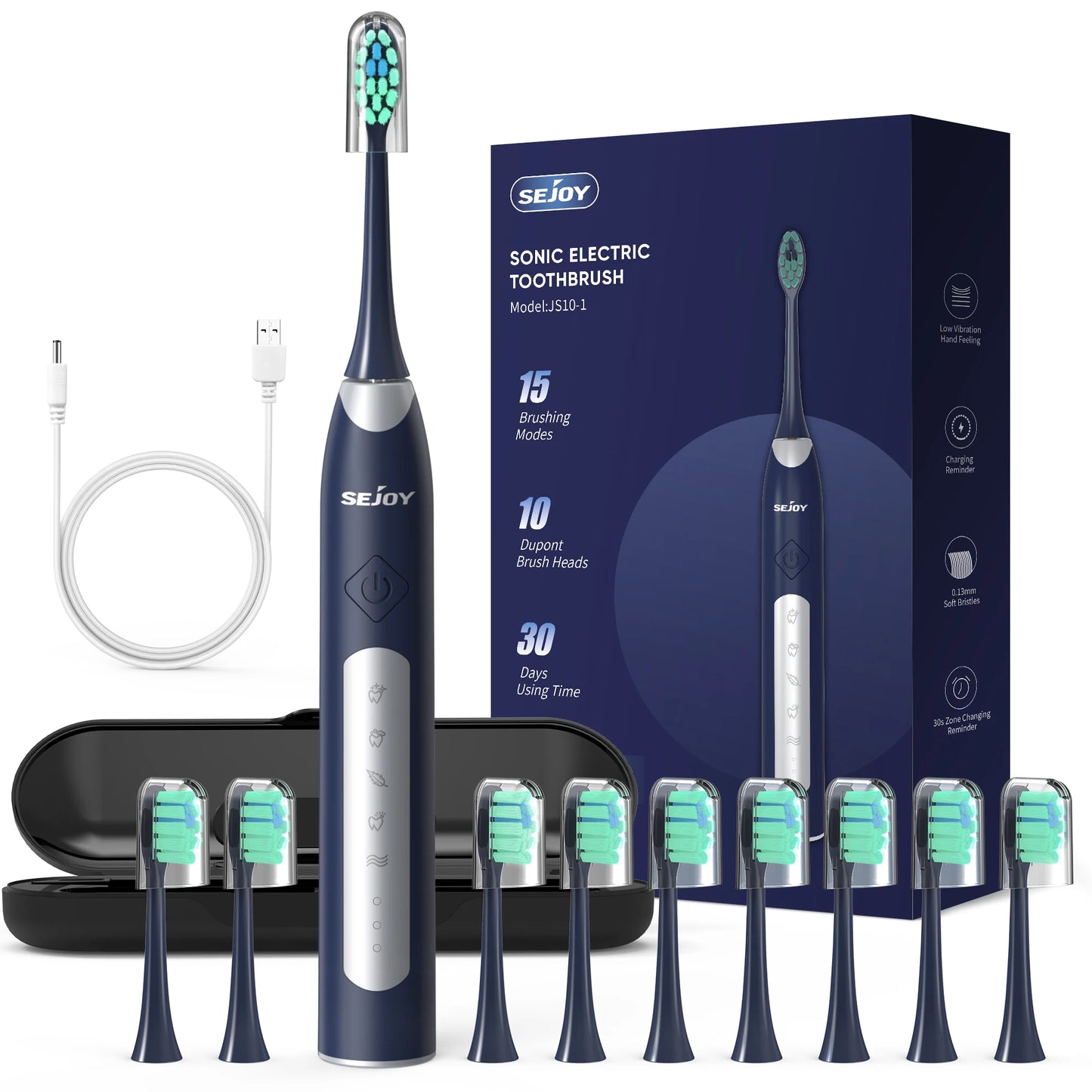 Sejoy JS10-1 Electric Sonic Toothbrush with 10 pcs Replacement Heads