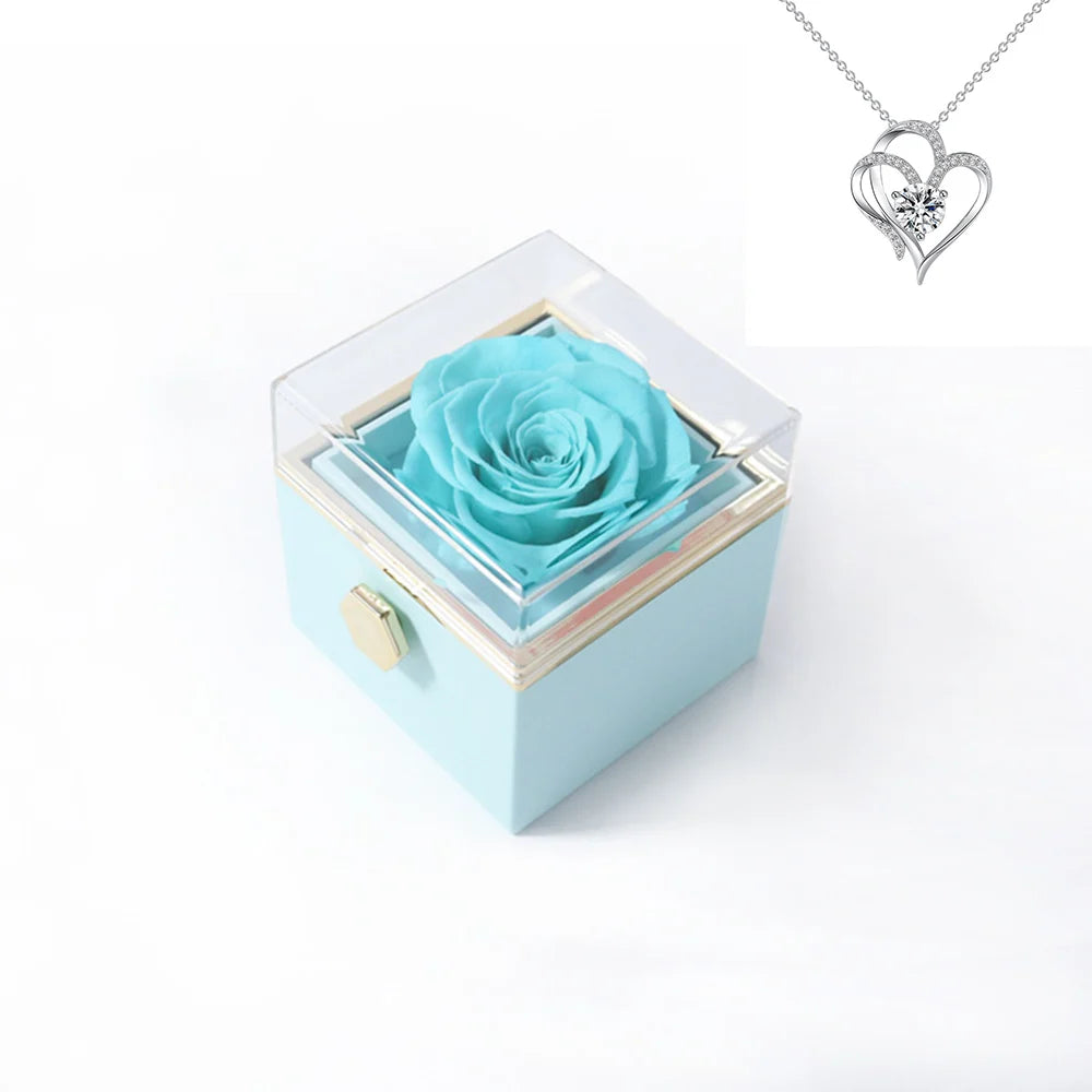 Rotating Rose Gift Box Acrylic Ring Necklace Preserved Flower Jewelry Box