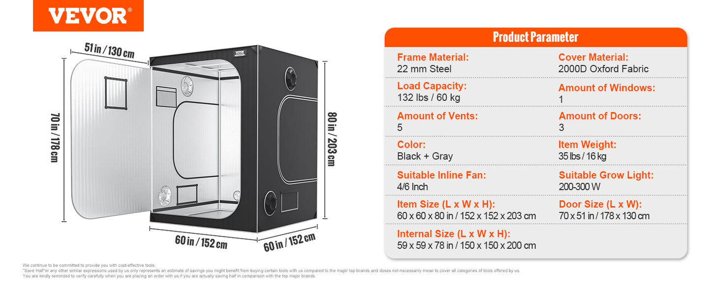 VEVOR Grow Tent High Reflective 2000D Mylar Hydroponic Growing Tent